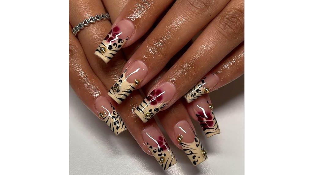 leopard red flower nails