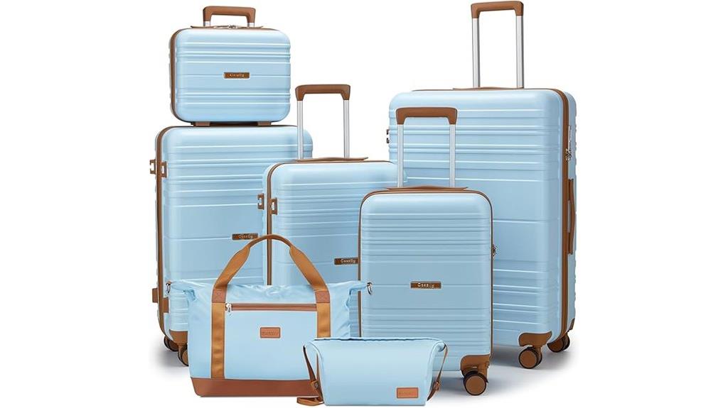 light blue 7 piece spinner luggage