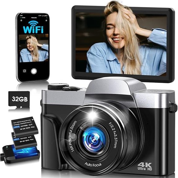 4K WiFi Camera with 64MP Flip Screen 16X Zoom