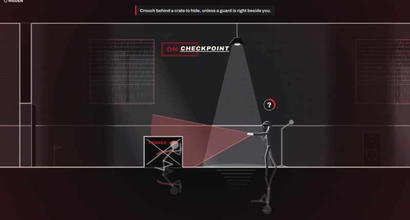 Film-noir stealth scene: a thief hiding behind a crate while a guard sweeps a flashlight cone